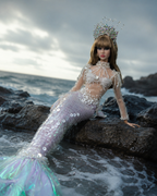 HAUTE | 1/6 Scale Mermaid Couture Gown - Handmade Beaded Fantasy Dress with Crown - Luxury Fashion Doll Outfit - Fits Fashion Royalty & Similar Dolls
