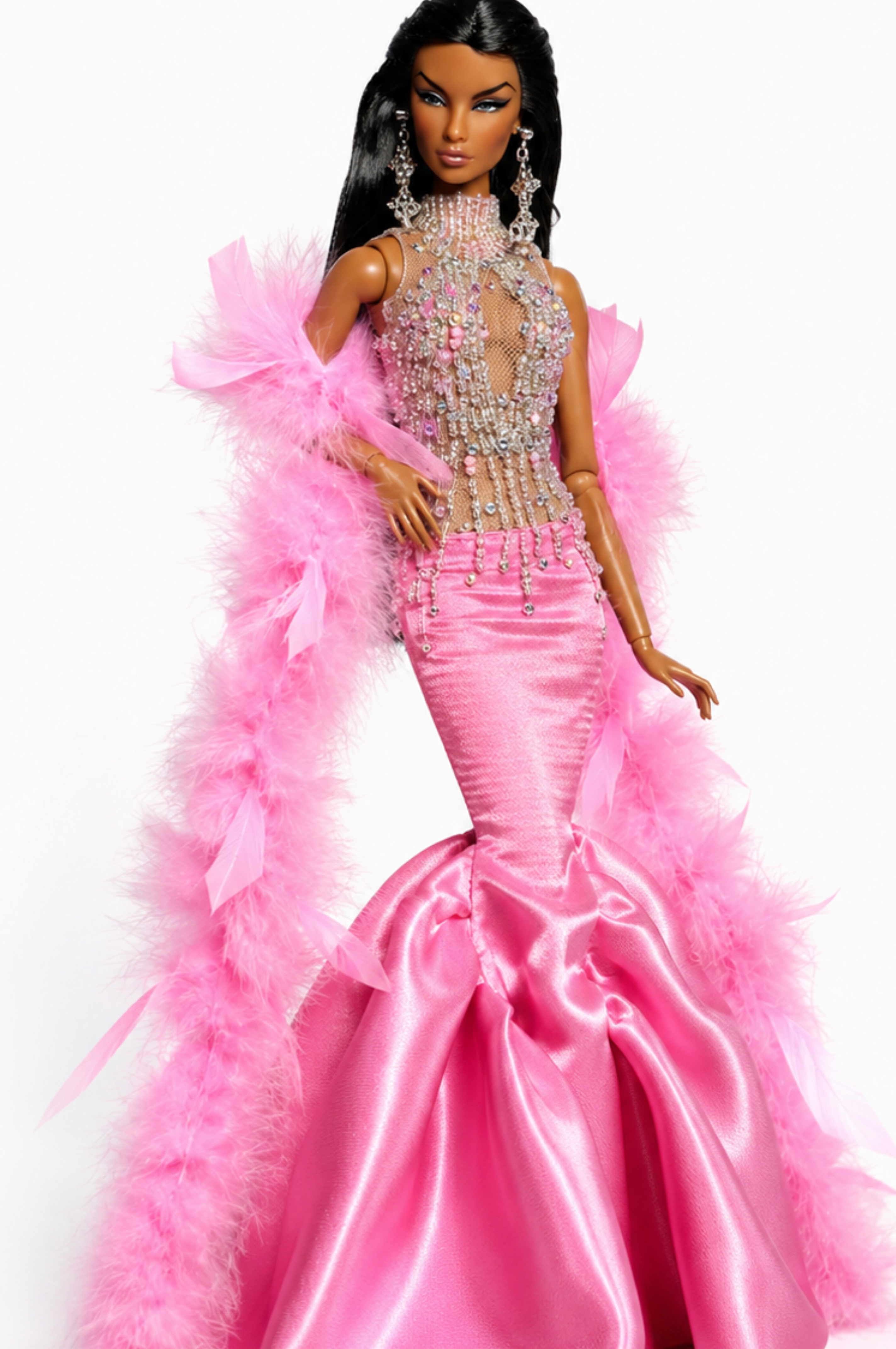HAUTE | Pink Crystal Feather Mermaid Gown | 1/6 Scale Fashion Doll Outfit | Handmade Couture Evening Dress | Fashion Royalty Size | Plastiktiara