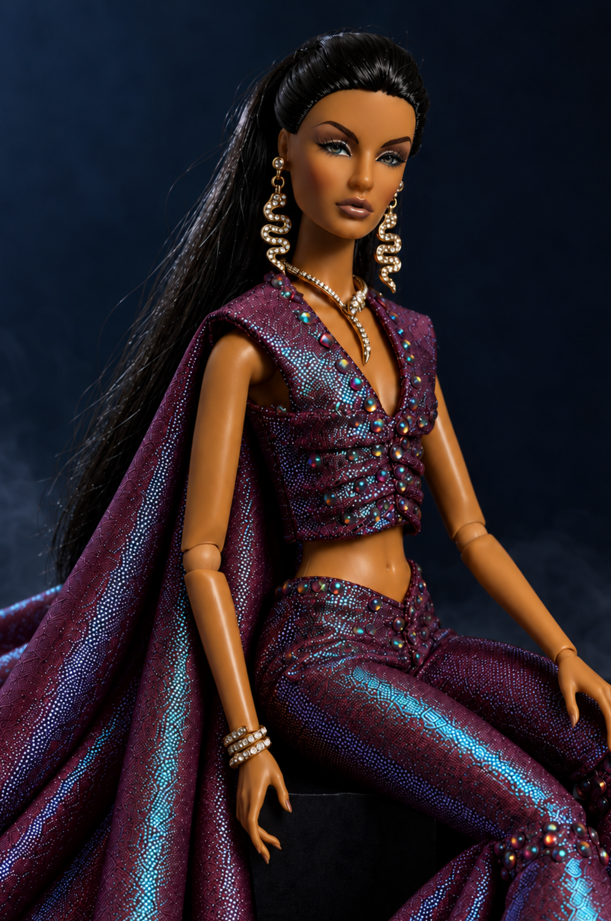 MIDNIGHT TALES | MIDNIGHT MIRAGE — Iridescent Plum Cape Top & Flared Trousers | 1:6 Fashion Doll Outfit | Plastiktiara
