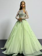OOAK | Mint Crystal Halter Gown – Couture Evening Dress for Fashion Royalty 12” Dolls