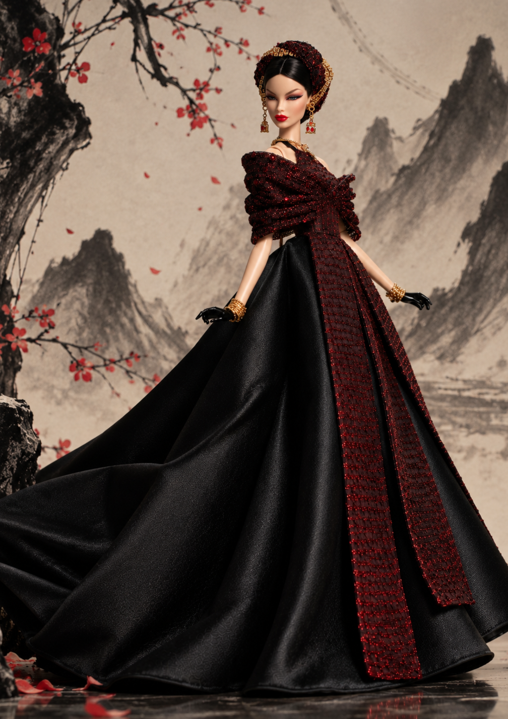 MOTHERSHIP  INK BLOSSOM | 1/6 Scale Couture Fashion Royalty Doll Gown |Plastiktiara