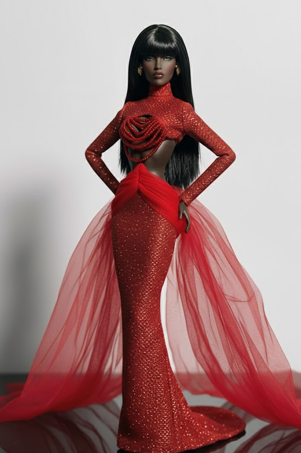 HAUTE | Crimson Halo Sequin Gown with Sculpted Tulle Wings for 1/6 Scale High Fashion Doll Clothes