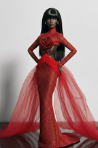 HAUTE | Crimson Halo Sequin Gown with Sculpted Tulle Wings for 1/6 Scale High Fashion Doll Clothes