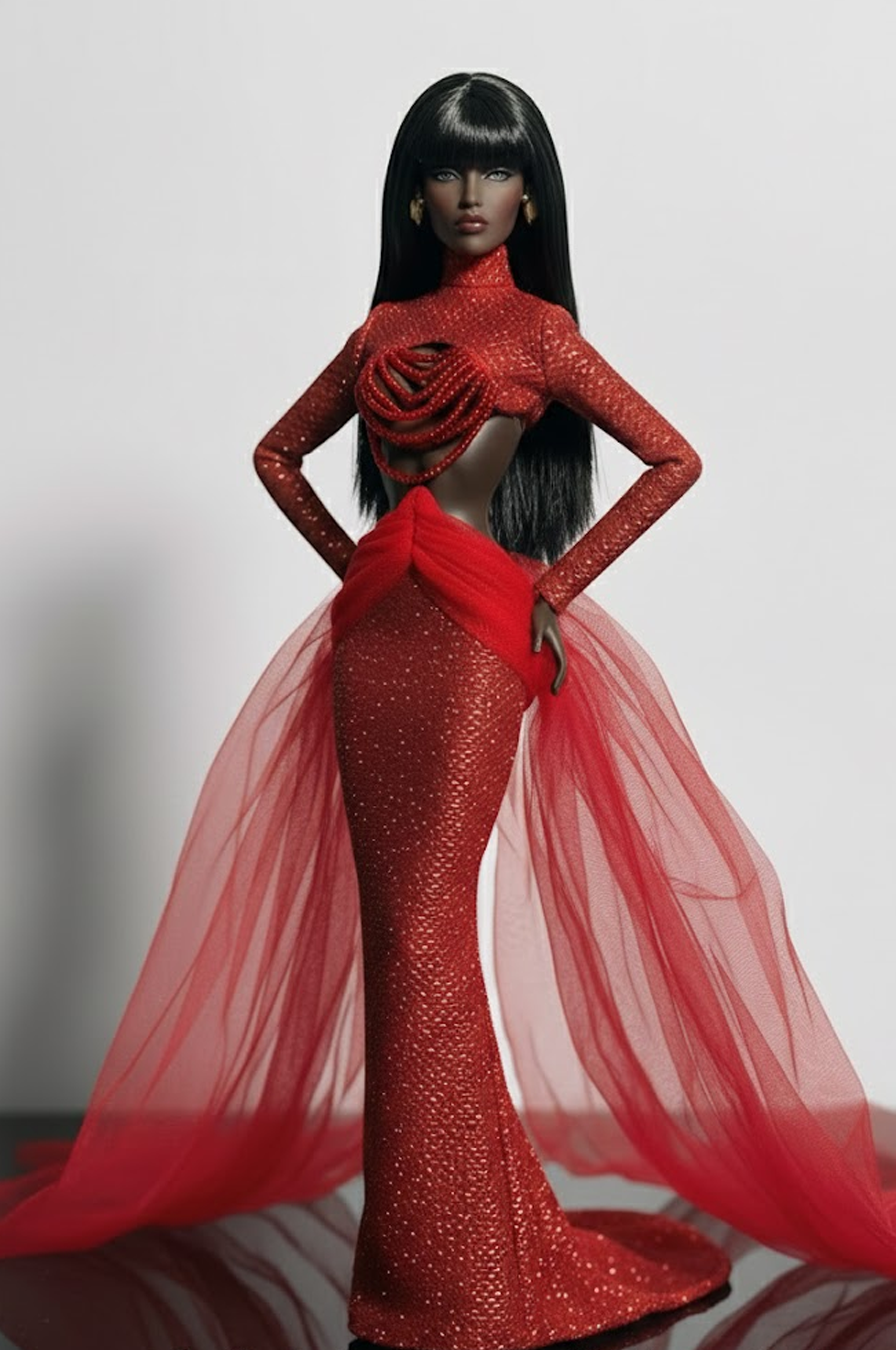 HAUTE | Crimson Halo Sequin Gown with Sculpted Tulle Wings for 1/6 Scale High Fashion Doll Clothes