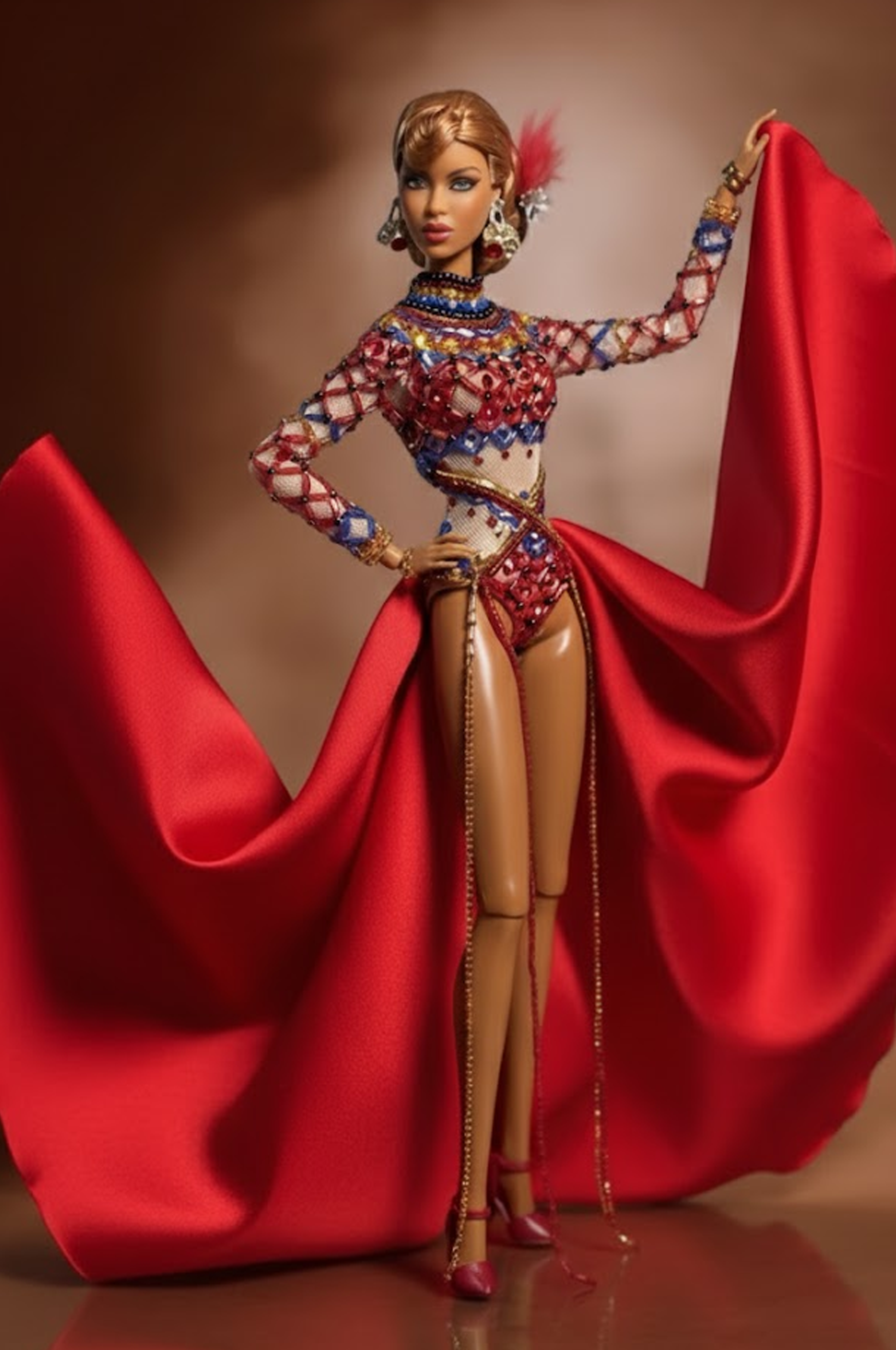 HAUTE | Crimson Spectacle – Couture Bodysuit & Dramatic Cape for 1/6 Scale High Fashion Doll Clothes