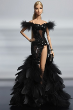 HAUTE | Midnight Plume – Couture Black Feather Gown for 1/6 Scale High Fashion Doll Clothes