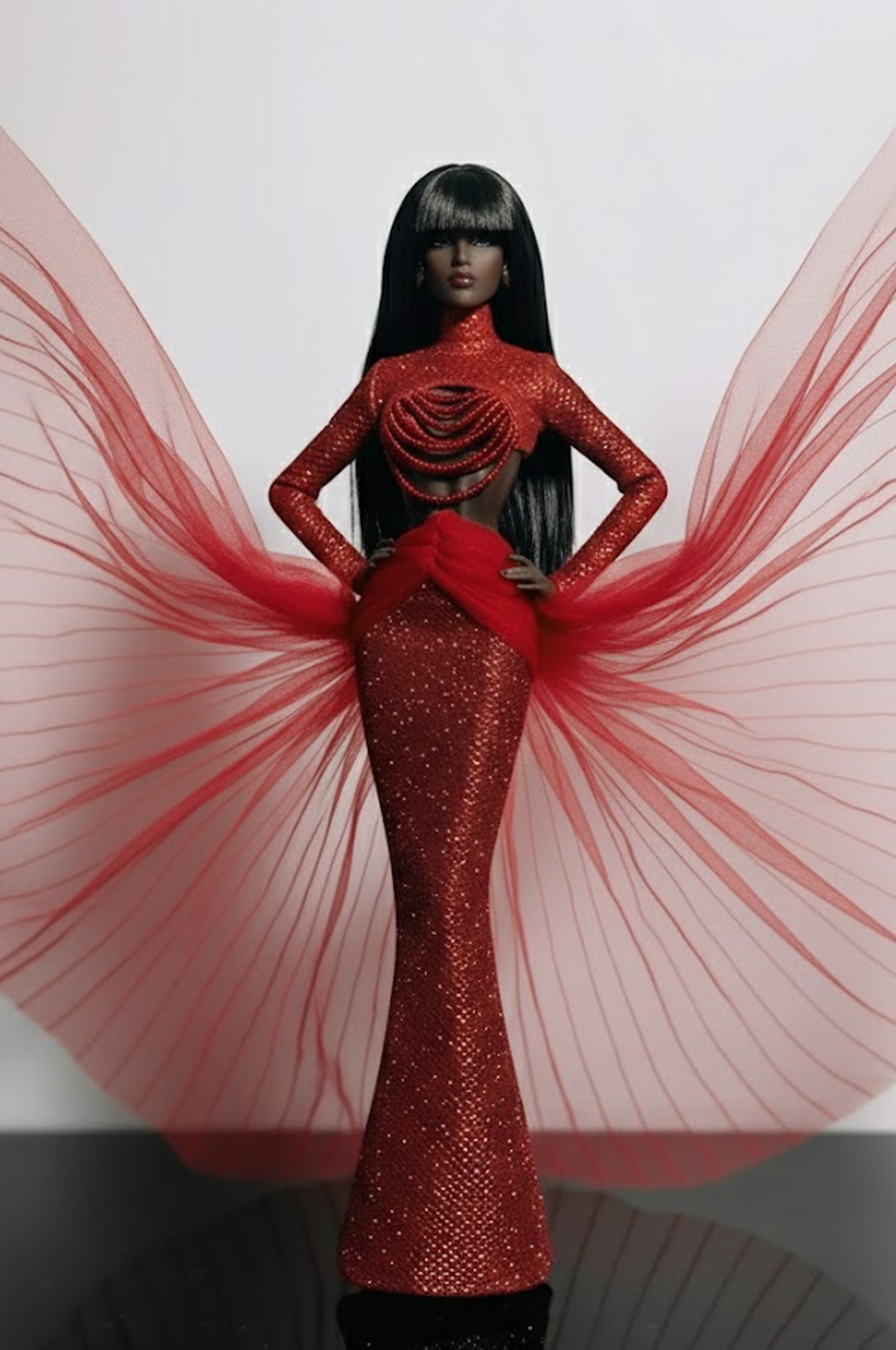 HAUTE | Crimson Halo Sequin Gown with Sculpted Tulle Wings for 1/6 Scale High Fashion Doll Clothes
