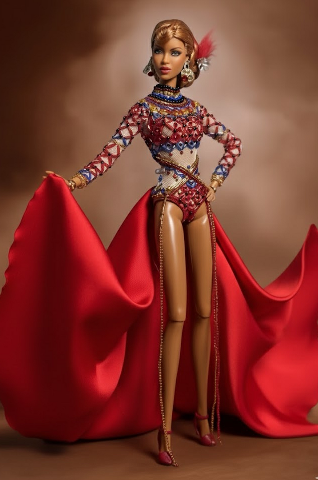 HAUTE | ( No skirt version)  Crimson Spectacle – Couture Bodysuit & Dramatic Cape for 1/6 Scale High Fashion Doll Clothes