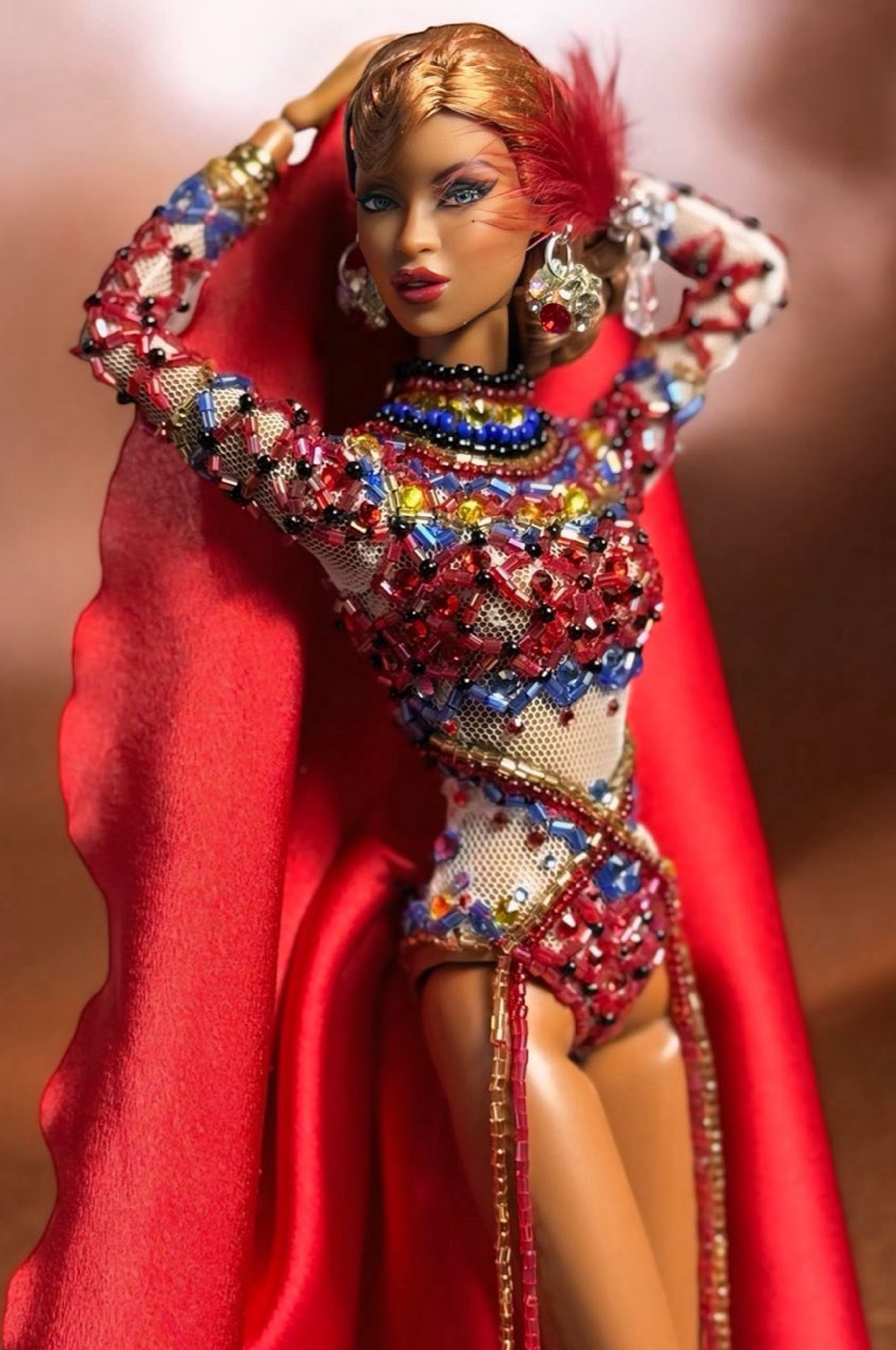 HAUTE | Crimson Spectacle – Couture Bodysuit & Dramatic Cape for 1/6 Scale High Fashion Doll Clothes
