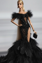 HAUTE | Midnight Plume – Couture Black Feather Gown for 1/6 Scale High Fashion Doll Clothes