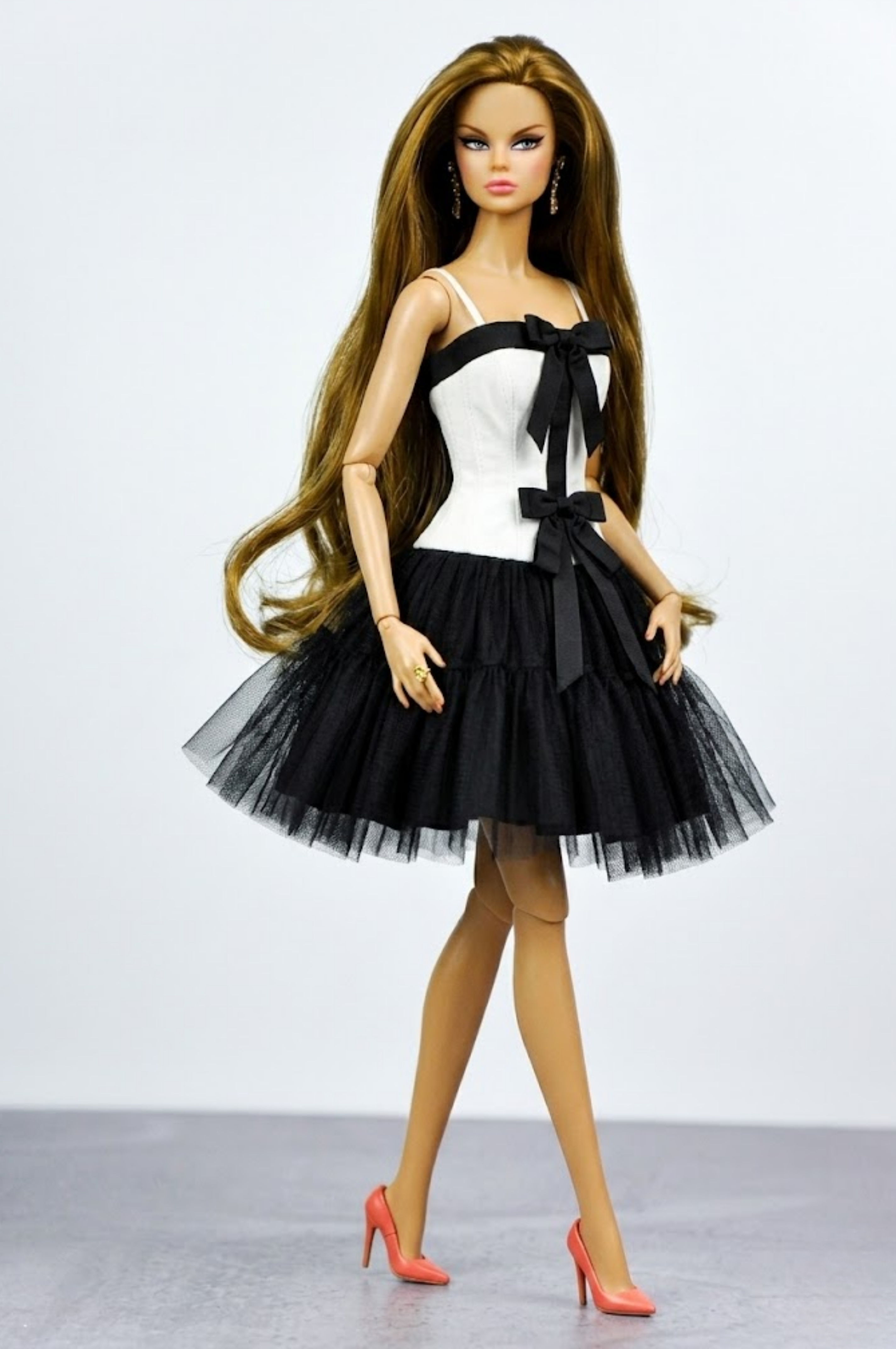 NIGHT AWAY | Black & Ivory Bow Corset Dress for Fashion Royalty Dolls | 1/6 Scale Doll Clothes | Elegant Tulle Party Dress
