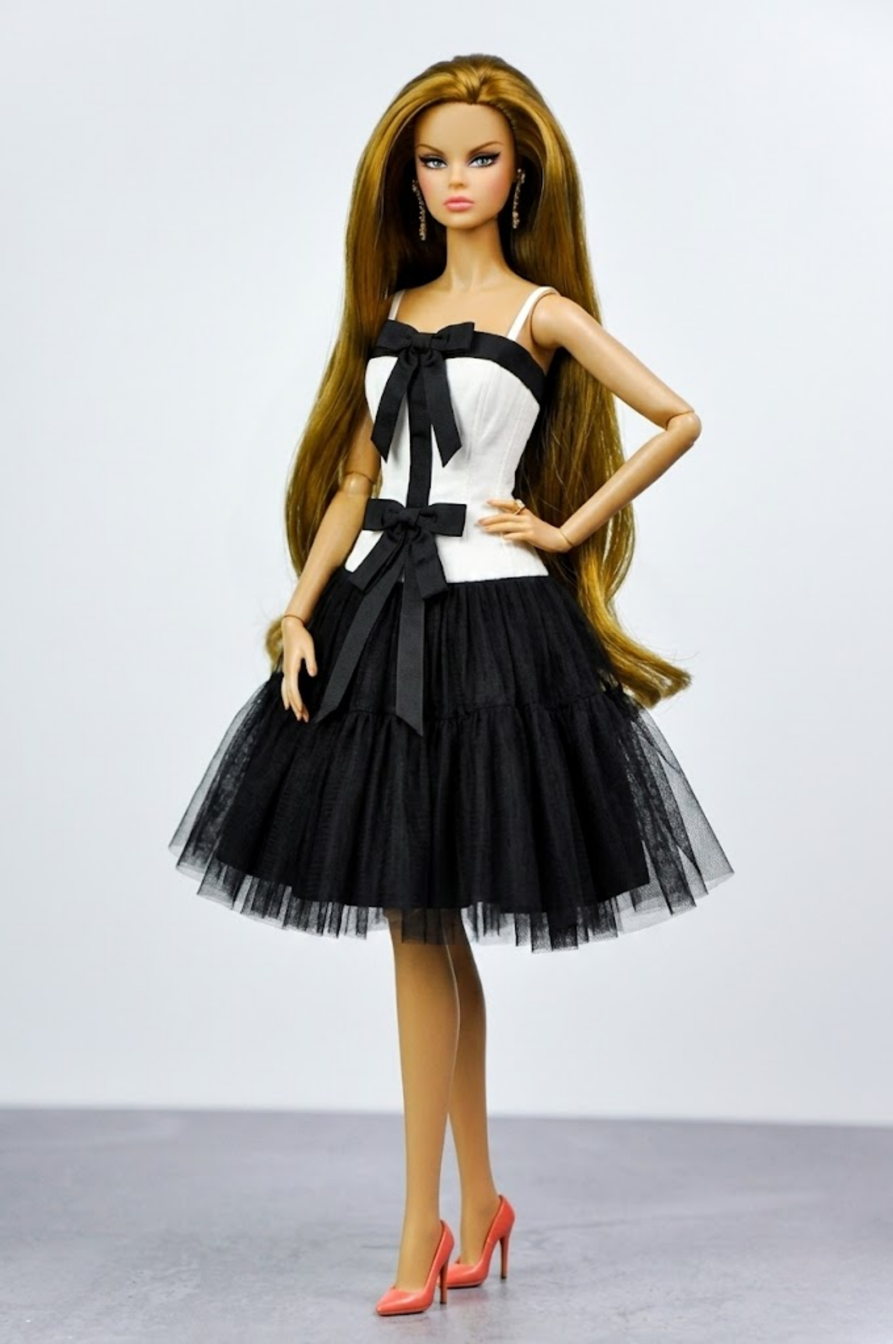 NIGHT AWAY | Black & Ivory Bow Corset Dress for Fashion Royalty Dolls | 1/6 Scale Doll Clothes | Elegant Tulle Party Dress