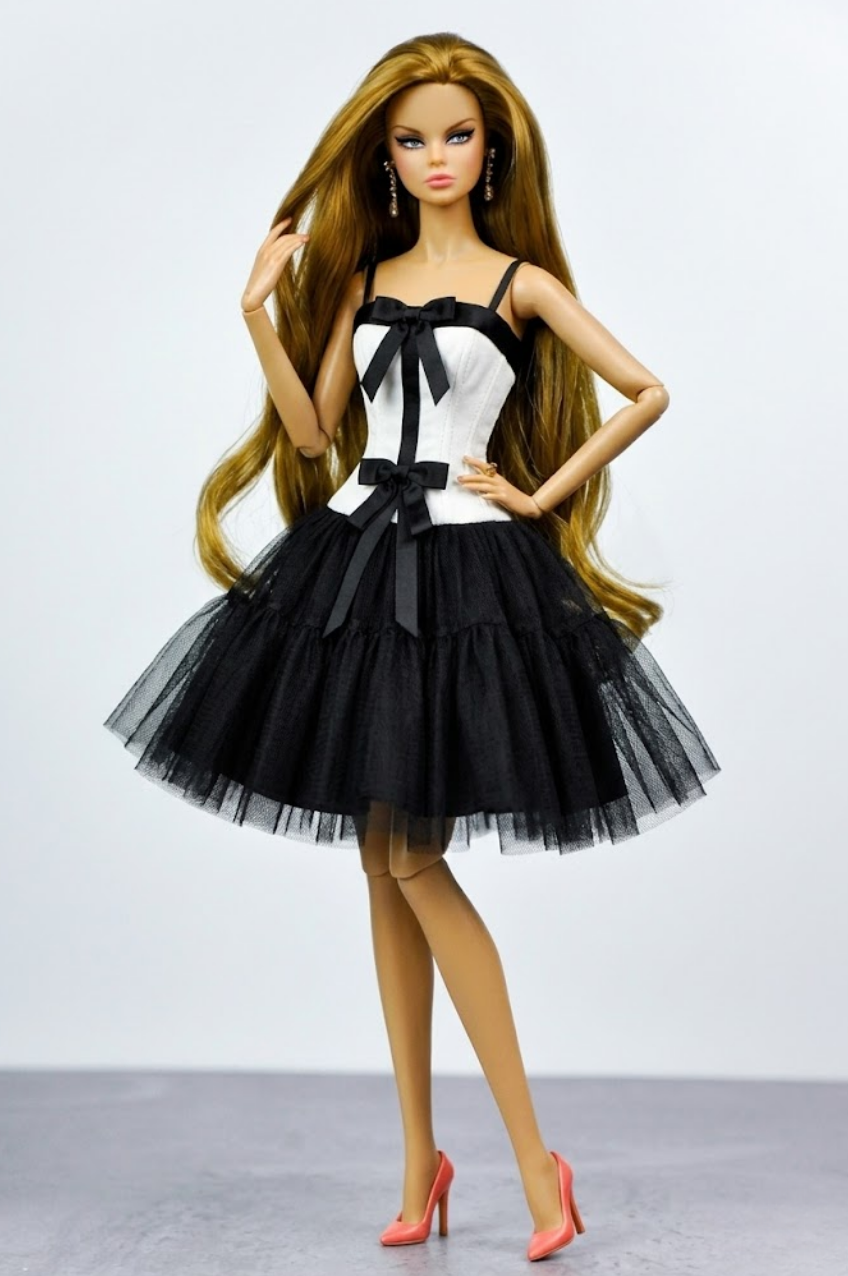 NIGHT AWAY | Black & Ivory Bow Corset Dress for Fashion Royalty Dolls | 1/6 Scale Doll Clothes | Elegant Tulle Party Dress