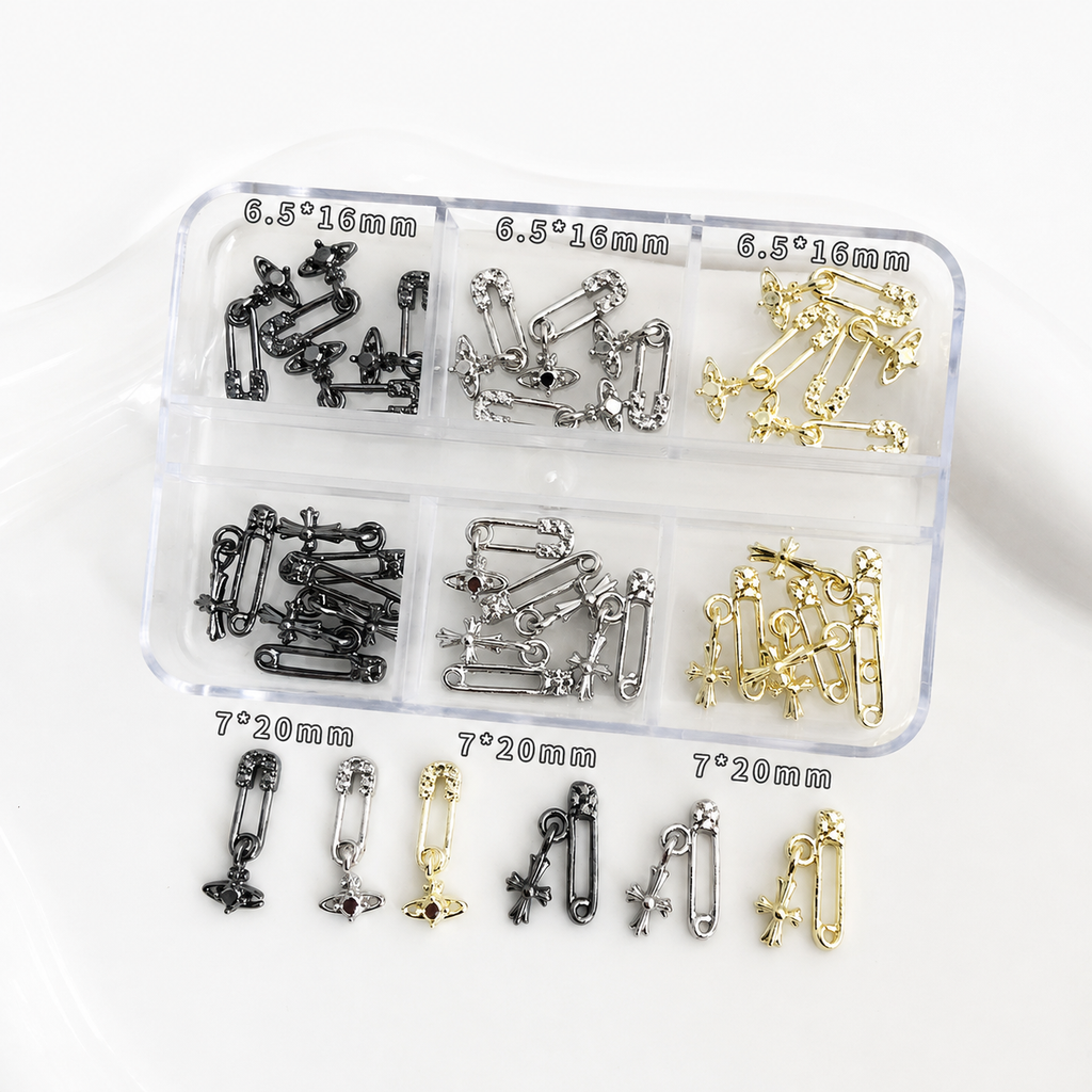 DIY | Mini Safety Pin Charms Set with Organizer Box, Rhinestone Jewelry Findings, Gold Silver Gunmetal Charms, Doll Clothes Accessories | Plastiktiara