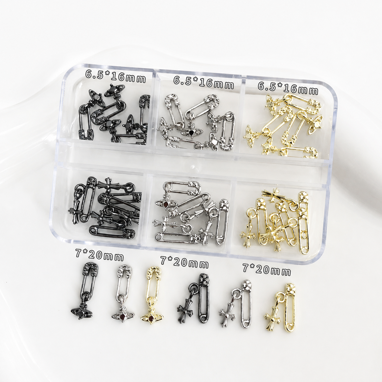 DIY | Mini Safety Pin Charms Set with Organizer Box, Rhinestone Jewelry Findings, Gold Silver Gunmetal Charms, Doll Clothes Accessories | Plastiktiara