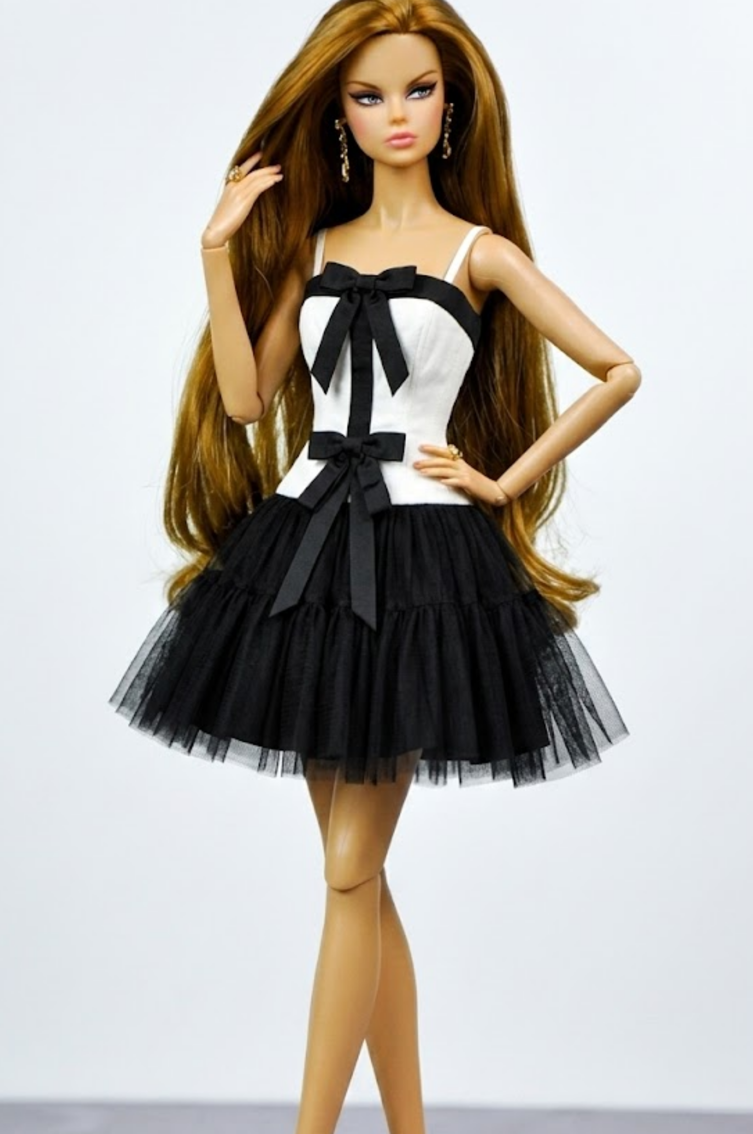 NIGHT AWAY | Black & Ivory Bow Corset Dress for Fashion Royalty Dolls | 1/6 Scale Doll Clothes | Elegant Tulle Party Dress