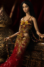 HAUTE | OOAK Red Gold Couture Mermaid Gown for Fashion Royalty Doll Clothes 1/6 Scale Handmade Evening Dress | Plastiktiara