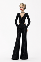 HAUTE | Black Inferno Jumpsuit with Fur Cape for Fashion Royalty Dolls 12 Inch - Handmade Doll Clothes - Integrity Toys FR6.0 - OOAK High Fashion Editorial Outfit