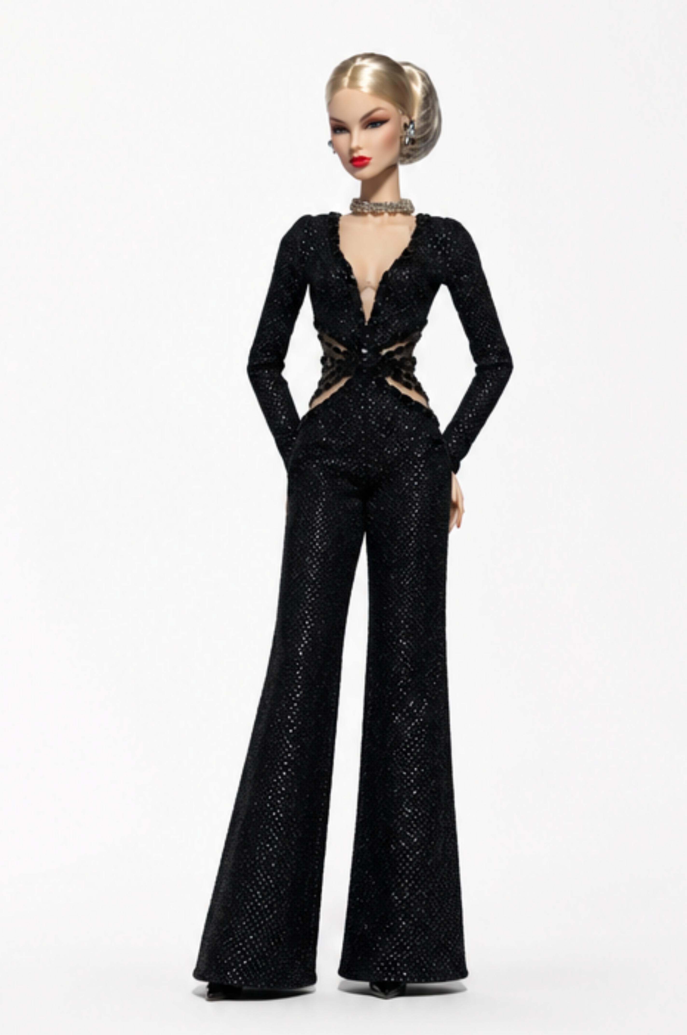 HAUTE | Black Inferno Jumpsuit with Fur Cape for Fashion Royalty Dolls 12 Inch - Handmade Doll Clothes - Integrity Toys FR6.0 - OOAK High Fashion Editorial Outfit