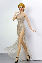 HAUTE | Golden Illusion Beaded Gown for Fashion Royalty 6.0 Doll | Sheer Evening Dress with High Slit | Handmade Couture Doll Clothes by Plastiktiara