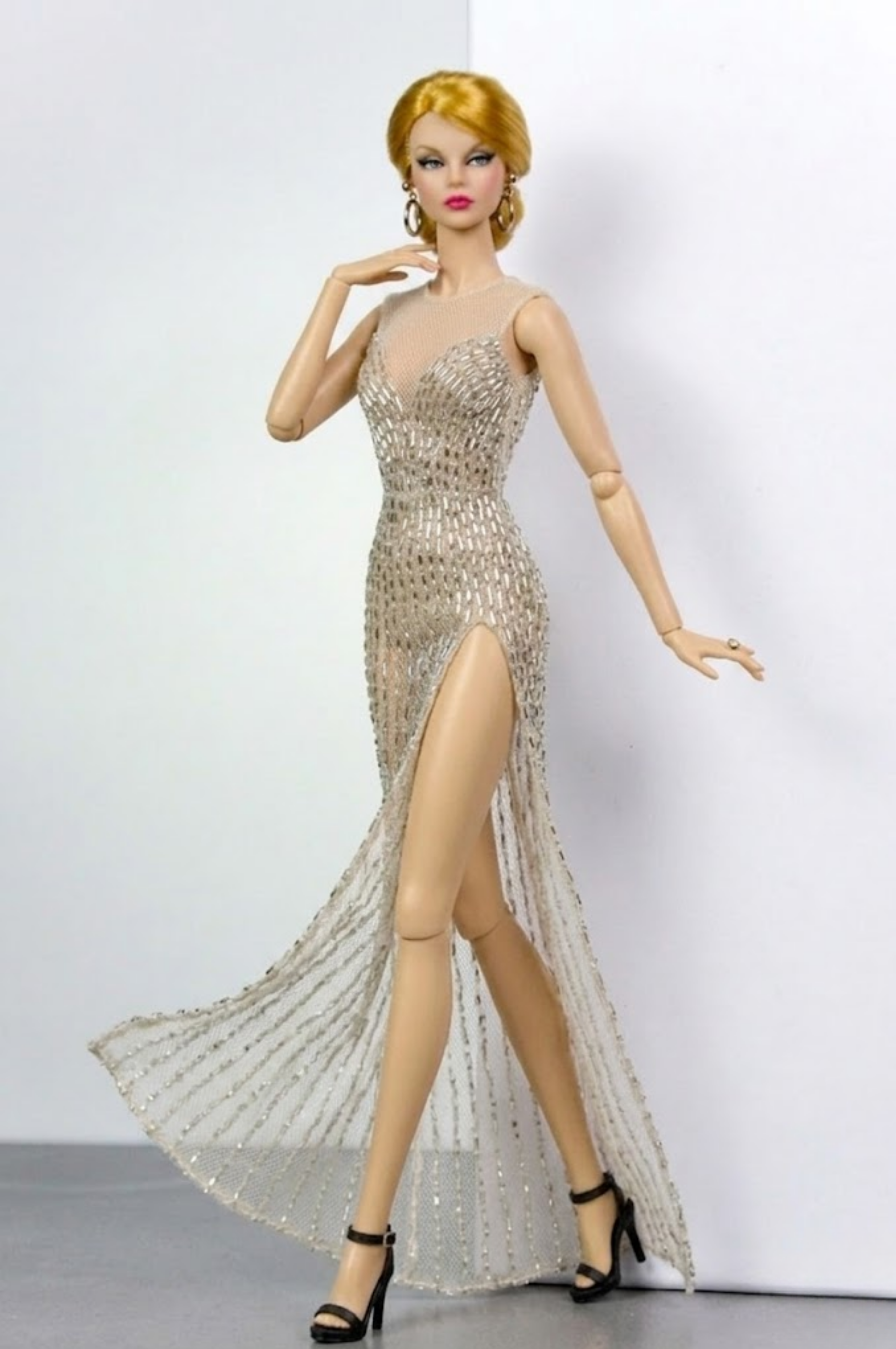 HAUTE | Golden Illusion Beaded Gown for Fashion Royalty 6.0 Doll | Sheer Evening Dress with High Slit | Handmade Couture Doll Clothes by Plastiktiara