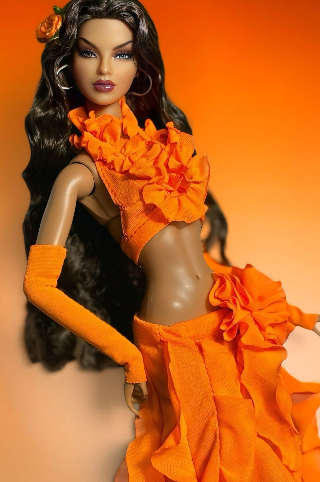 PRIDE | PR Orange Ruffle Beach Goddess Set for Fashion Royalty Dolls - Tropical Sunset Outfit - Handmade Doll Clothes for FR6.0 Nu Face Poppy Parker