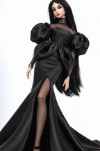 HAUTE | Black Silk Mermaid Gown & Sheer Net Bodysuit for 1/6 Scale Fashion Doll | Plastiktiara