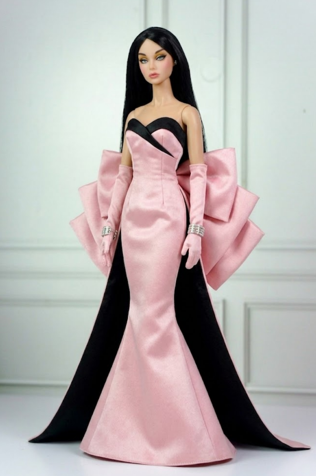 HAUTE |. Fashion Royalty Doll Pink Satin Mermaid Gown with Oversized Bow Train | 12 Inch Doll Couture Dress