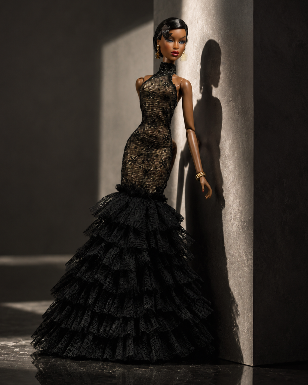 HAUTE | Black Lace Mermaid Gown for 1/6 Scale Fashion Doll | Ruffled Evening Dress | PLASTIKTIARA