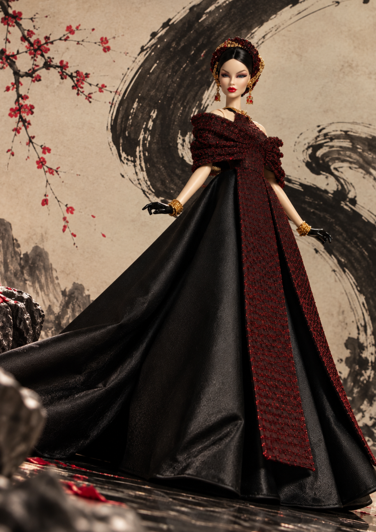 MOTHERSHIP  INK BLOSSOM | 1/6 Scale Couture Fashion Royalty Doll Gown |Plastiktiara