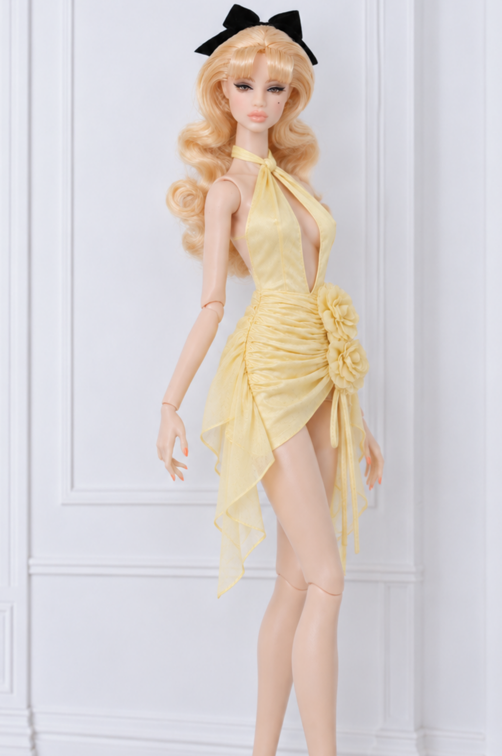 BLOOSOM RADIANT | Ivory Floral Cascade Satin Mini Dress for Fashion Royalty doll clothes | PLASTIKTIARA