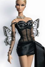 EDEN CHOICE | 1/6 Scale Black Crystal Corset Mini Dress Set – Handmade Couture Evening Outfit with Mesh Corset, Rhinestone Bustier & Draped Train – Fashion Doll Clothes | Plastiktiara