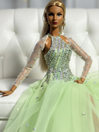 OOAK | Mint Crystal Halter Gown – Couture Evening Dress for Fashion Royalty 12” Dolls