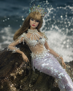 HAUTE | 1/6 Scale Mermaid Couture Gown - Handmade Beaded Fantasy Dress with Crown - Luxury Fashion Doll Outfit - Fits Fashion Royalty & Similar Dolls