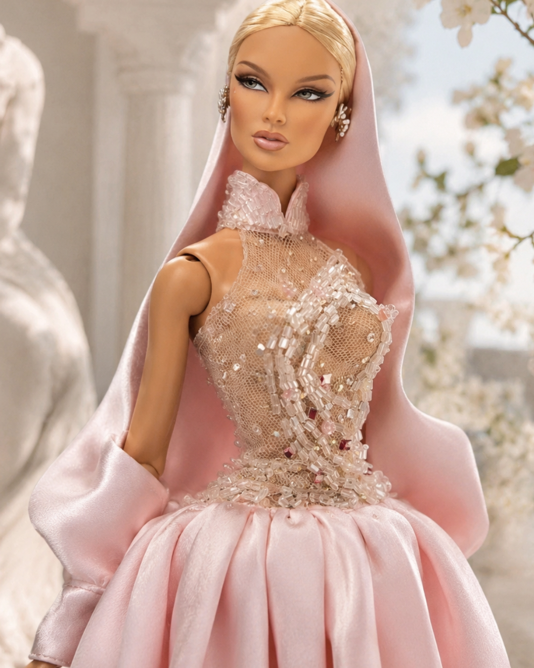 DELUXE | Pink Beaded Couture Ball Gown with Hood | Handmade Fashion Royalty Doll Clothes | 1/6 Scale Couture Dress | Plastiktiara