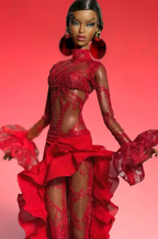 PRIDE | Crimson Siren Sheer Lace Gown for Fashion Royalty Doll – Red Ruffle Evening Dress – 1/6 Scale Doll Clothes – Fits FR6.0 Nu Face Poppy Parker