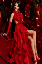 BASIC | BASIC Red Ruffle Evening Gown for 1-6 Fashion Royalty Dolls Handmade Couture Dress with Gloves Doll Clothes | Plastiktiara