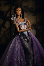 OOAK  | OOAK Fashion Doll Evening Gown - Handmade Couture Purple Glitter Mermaid Dress with Crystal Floral Overlay for Fashion Royalty Doll | Plastiktiara