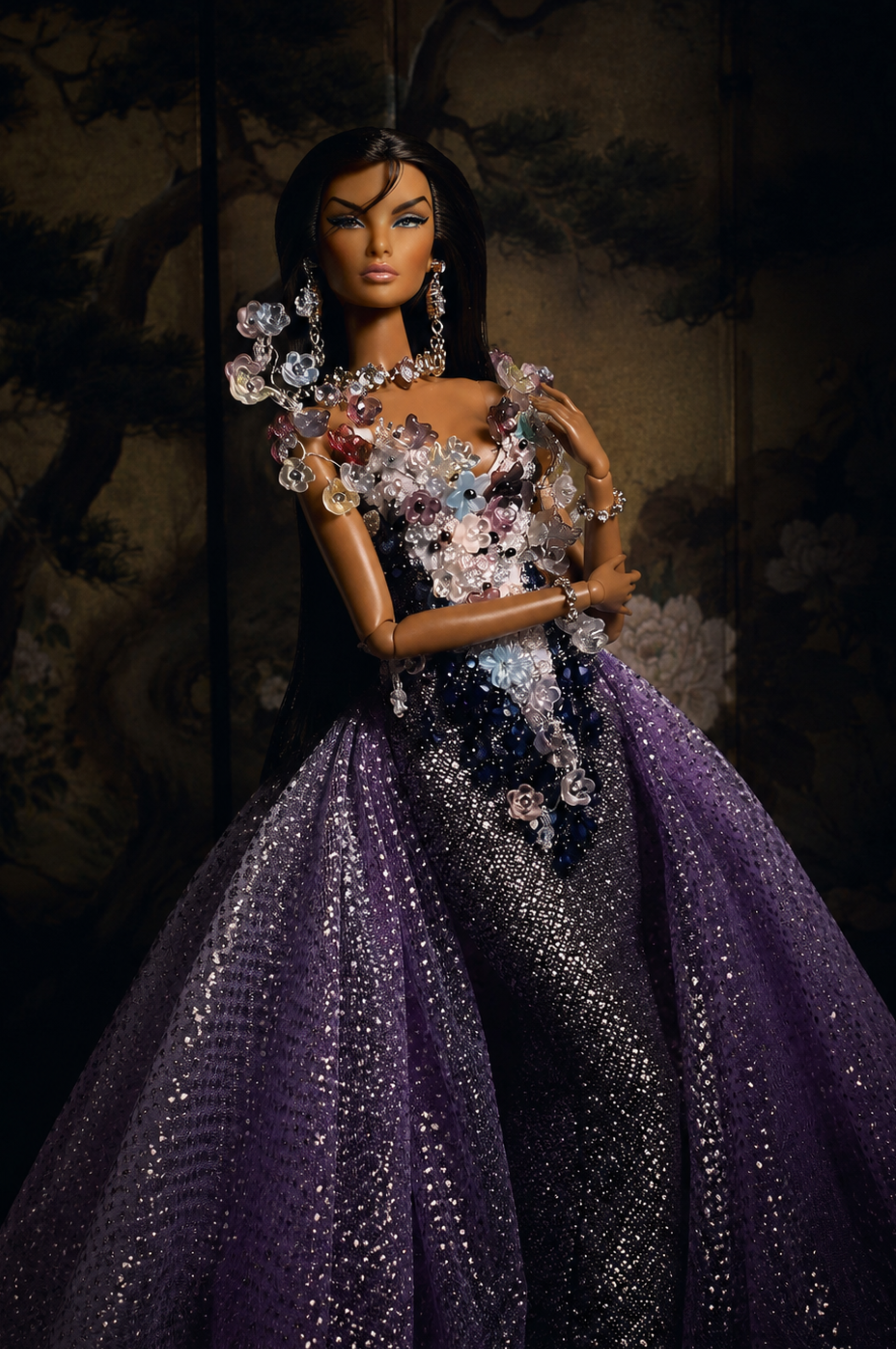 OOAK  | OOAK Fashion Doll Evening Gown - Handmade Couture Purple Glitter Mermaid Dress with Crystal Floral Overlay for Fashion Royalty Doll | Plastiktiara