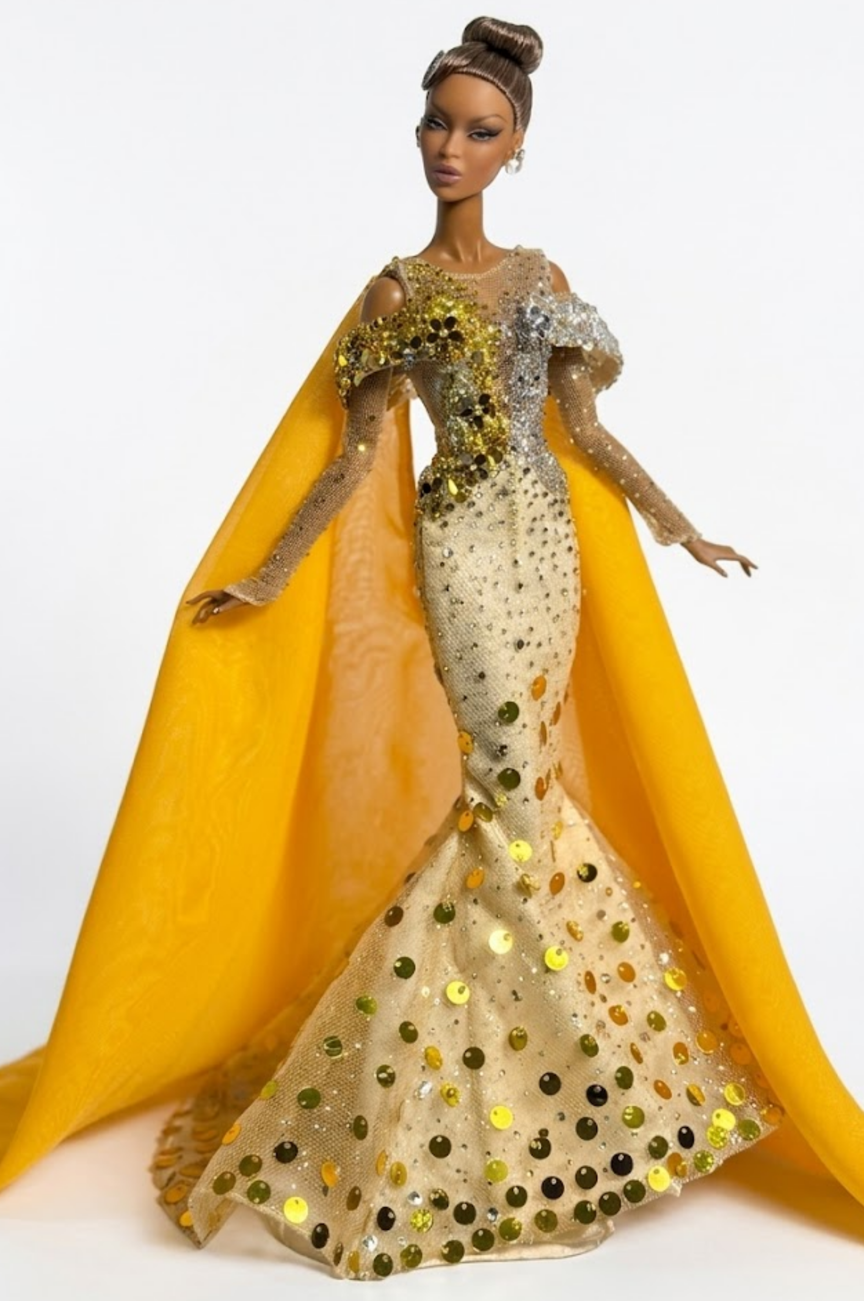HAUTE | Golden Aura Couture Gown -  Luxury 1/6 Scale Doll Outfit – Handmade Designer Piece