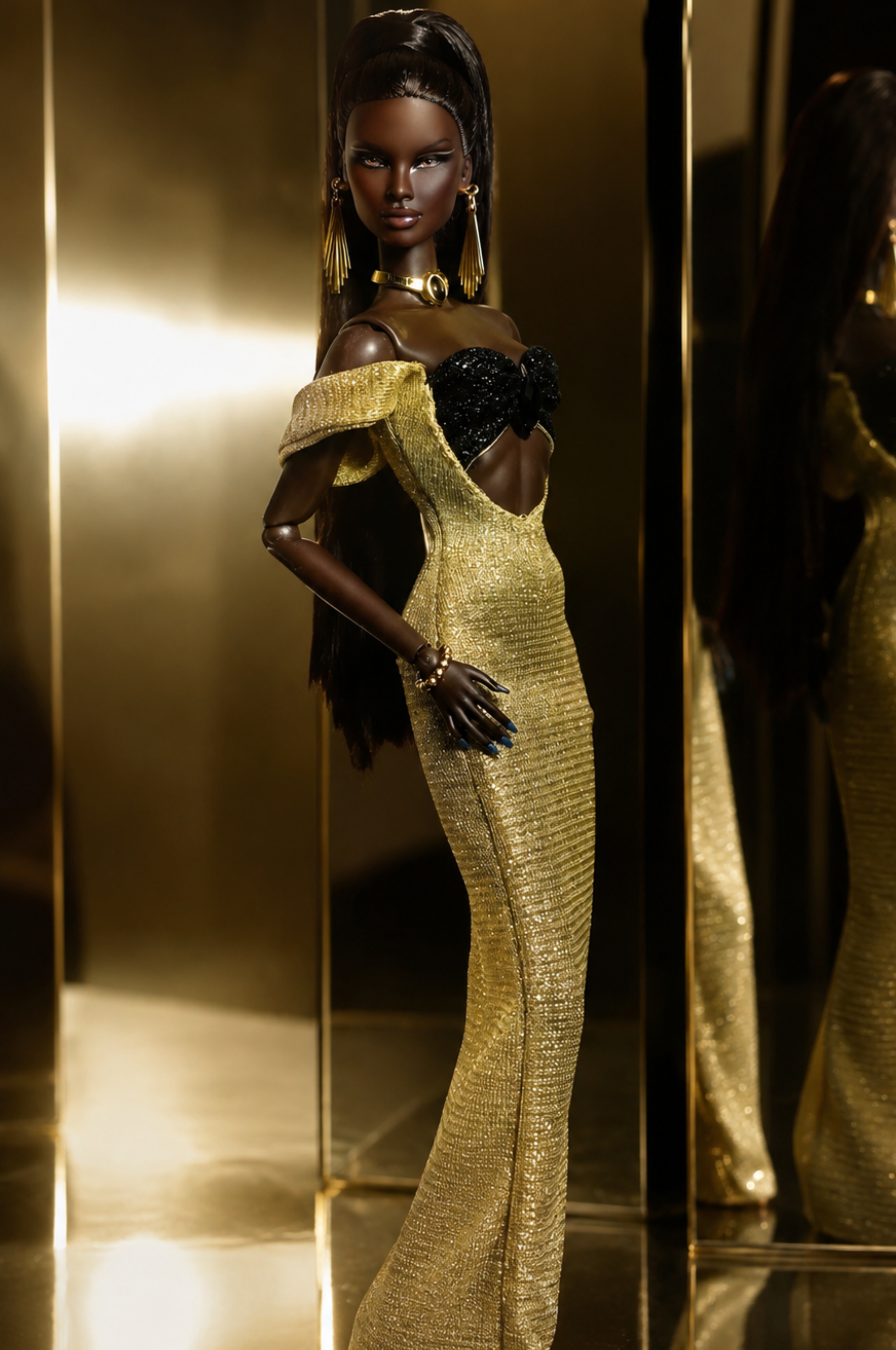 BASIC | Golden Goddess Metallic Evening Gown for 1/6 Scale Fashion Royalty FR 6.0 Dolls | Handmade Gold Knit Dress | Plastiktiara
