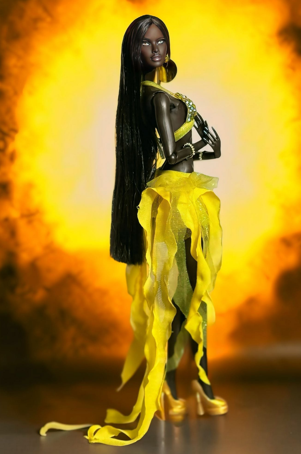 PRIDE | Yellow Joy Doll Outfit for Fashion Royalty Dolls - Yellow Sequin Bra Top and Flowing Skirt - Integrity Toys FR6.0 Nu Face Poppy Parker Fashion
