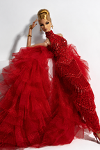 HAUTE | Red Crystal Couture Gown with Removable Ruffle Train for 1/6 Scale Fashion Dolls – Handmade Evening Dress | Plastiktiara