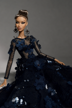 HAUTE  Midnight Blue Floral Ball Gown for Fashion Royalty Dolls | Handmade 1/6 Scale Doll Clothes | Couture Evening Dress