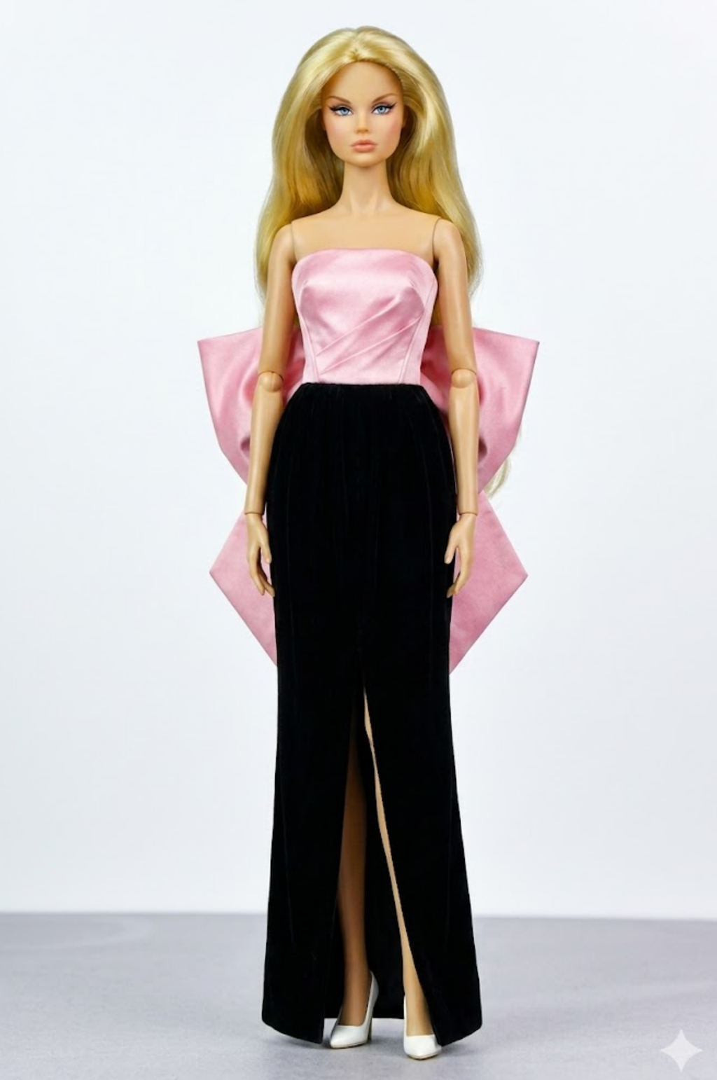 NIGHT AWAY | Pink Satin Bow Gown with Removable Statement Back Bow – Fashion Royalty 1/6 Doll Clothes