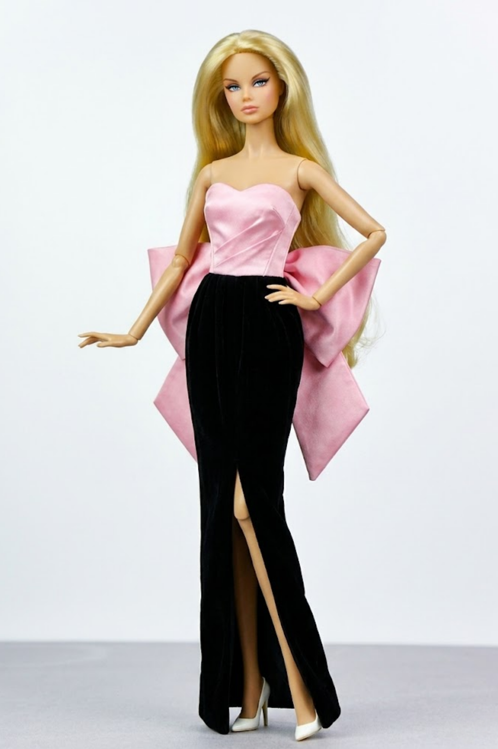 NIGHT AWAY | Pink Satin Bow Gown with Removable Statement Back Bow – Fashion Royalty 1/6 Doll Clothes