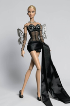 EDEN CHOICE | 1/6 Scale Black Crystal Corset Mini Dress Set – Handmade Couture Evening Outfit with Mesh Corset, Rhinestone Bustier & Draped Train – Fashion Doll Clothes | Plastiktiara