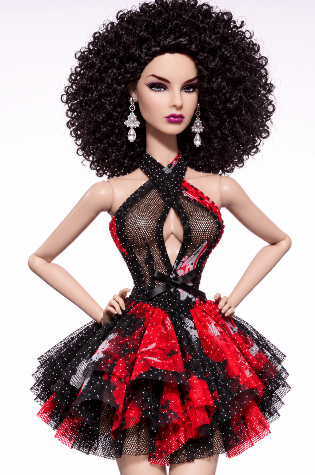 BASIC |  Crimson Bloom | Floral Mesh Halter Mini Dress for Fashion Royalty Dolls | Plastiktiara