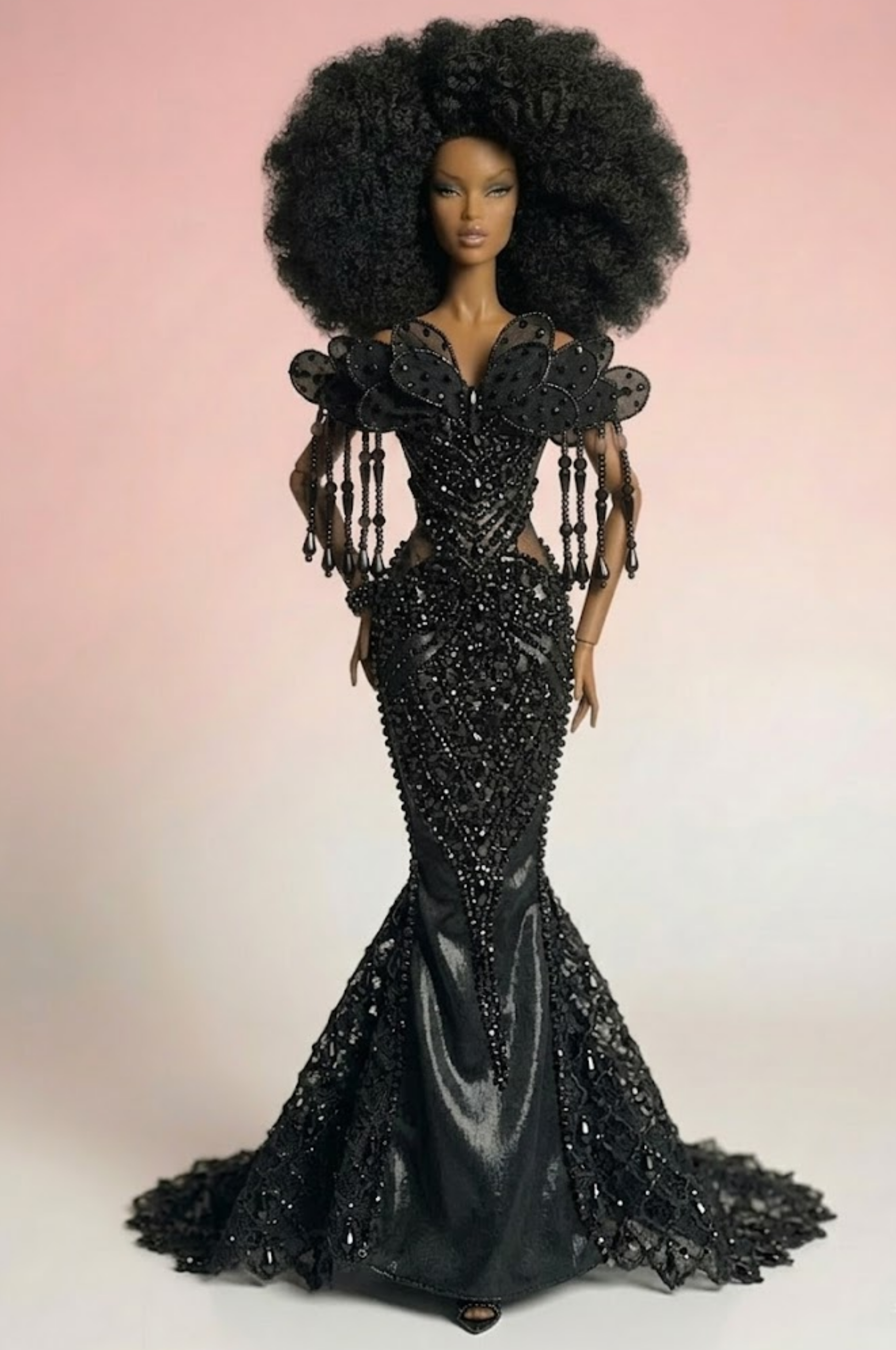 HAUTE | A Midnight Opulence Gown – Black Beaded Mermaid Dress for 1/6 Scale Dolls | OOAK Couture |