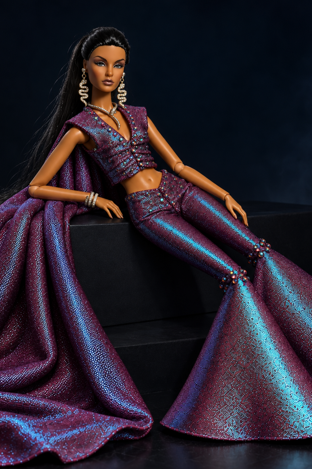 MIDNIGHT TALES | MIDNIGHT MIRAGE — Iridescent Plum Cape Top & Flared Trousers | 1:6 Fashion Doll Outfit | Plastiktiara